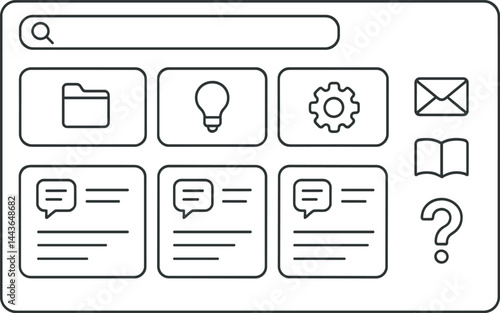 Show knowledge base structure with categories, FAQ blocks, search field, and helpful icons. Vector illustration, well-organized and intuitive, no text, transparent background