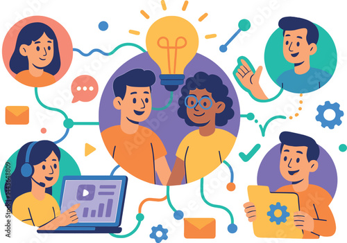 Show startup community network with co-founders, idea exchange, digital events, and resource sharing. Vector illustration, vibrant and collaborative, no text, transparent background