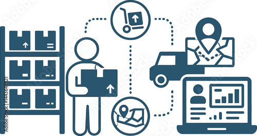 Depict ecommerce operations with inventory shelves, fulfillment icons, delivery tracking, and online dashboard. Vector illustration, logistical and efficient, no text, transparent background