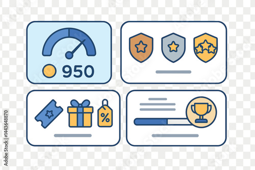 Present customer loyalty dashboard with point counters, membership tiers, reward icons, and redemption tracker. Vector illustration, gamified and neat, no text, transparent background
