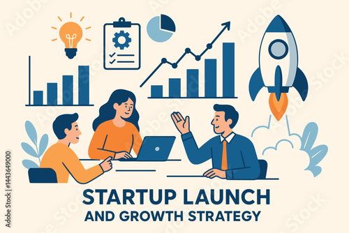 Startup launch and growth strategy. Vector illustration of business plan, teamwork, and innovation. Perfect for pitch decks, web banners, and corporate presentations.