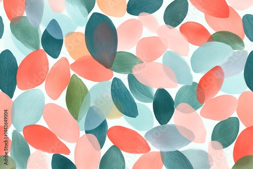 Colorful abstract painting with overlapping leaf shaped patterns