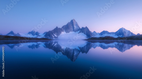Reflection of snow-capped mountains in still alpine lake at sunrise, peaceful scenery
