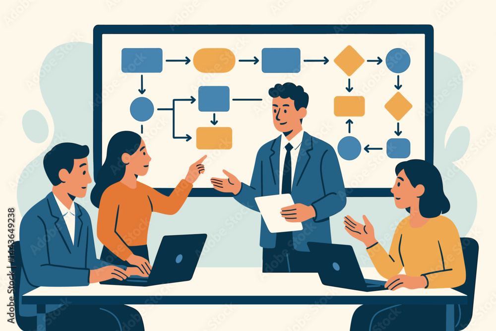 Team discussion and project workflow. Vector illustration of business process mapping and collaboration. Suitable for company websites and pitch decks. Team discussion and project workflow. Vector illustration of business process mapping and collaboration. Suitable for company websites and pitch decks.