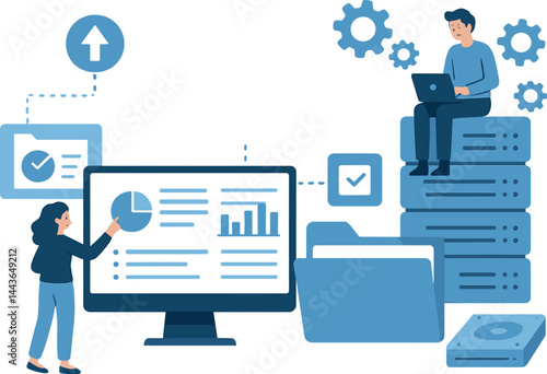 Cloud computing and digital storage. Vector illustration of data management and virtual workspace. Suitable for tech businesses and SaaS companies.