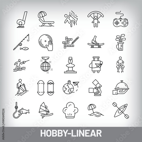 Equipment, leisure activity and sports design such as mountaineering, skateboarding, fishing, clay mud. Simple set of 25 linear games and entertainment icons.