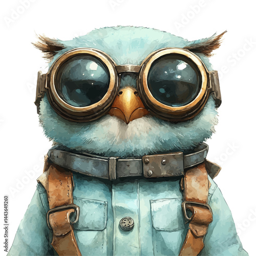 illustration of Robotic Owl With Metal Feathers, watercolor vector, isolated on a white background.
