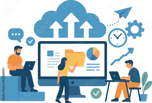 Cloud-based collaboration tools. Vector illustration of online teamwork, file sharing, and efficiency. Great for tech businesses and SaaS visuals.