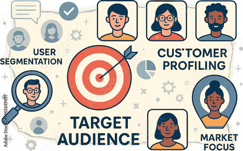Target audience and customer profiling. Vector illustration of user segmentation, personas, and market focus. Ideal for digital marketing agencies.