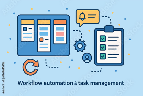 Workflow automation and task management. Vector illustration of digital boards, reminders, and checklists. Useful for startup founders and project managers.