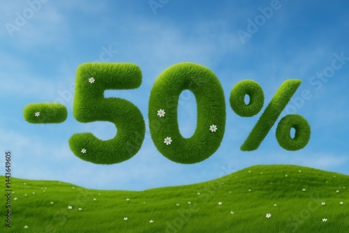 Fifty percent discount symbol made of grass and flowers floating in the sky