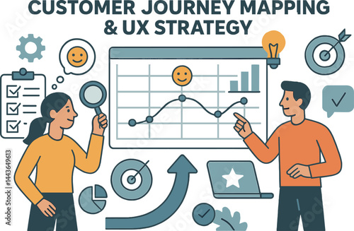 Customer journey mapping and UX strategy. Vector illustration of user experience planning and insights. Ideal for product teams and CX professionals.