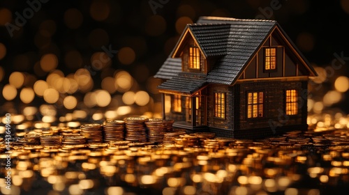 Wallpaper Mural Small wooden house model with glowing windows surrounded by blurred golden lights. Torontodigital.ca