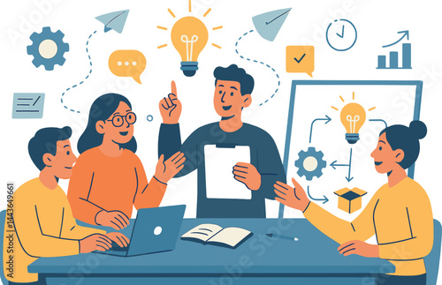 Creative process of developing new product. Vector illustration of brainstorming session, idea generation, and team planning. Suitable for startup concept and marketing.