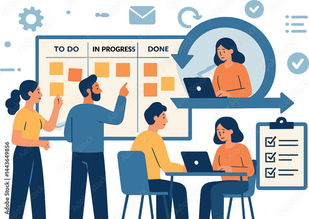 Agile development and workflow management. Vector illustration of team using agile boards and tools. Ideal for software and tech startup materials. Agile development and workflow management. Vector illustration of team using agile boards and tools. Ideal for software and tech startup materials.