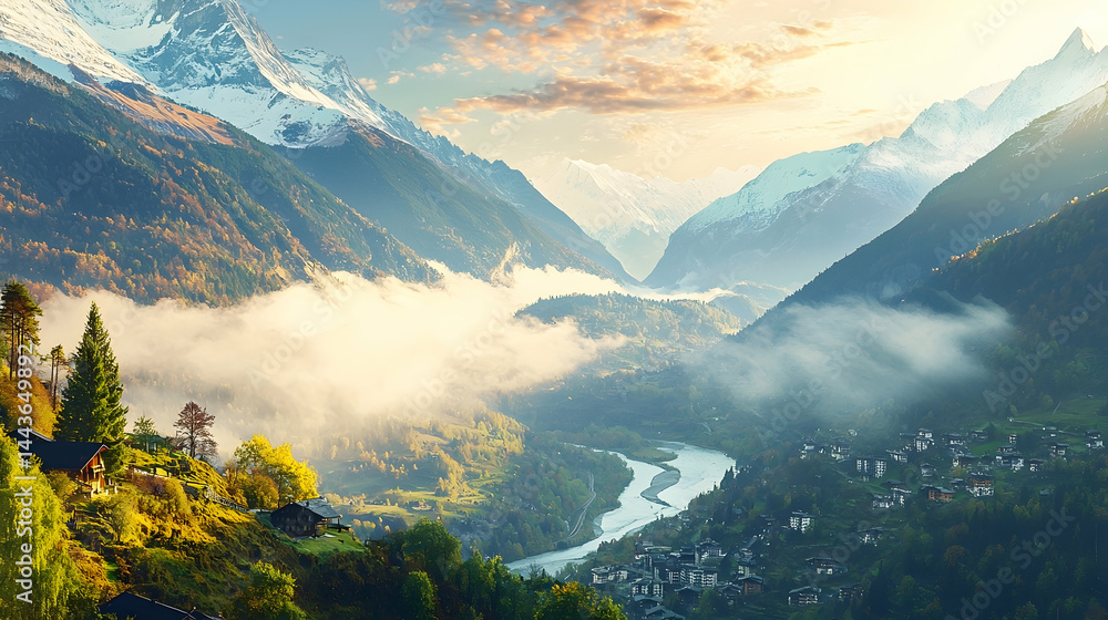 Obraz premium Autumn sunrise over mountain valley village, river flows through misty landscape, ideal for travel brochures