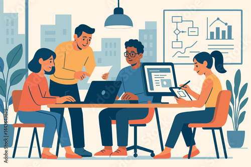 Creative office workspace. Vector illustration of designers and developers working together. Perfect for coworking, modern business, and productivity themes.