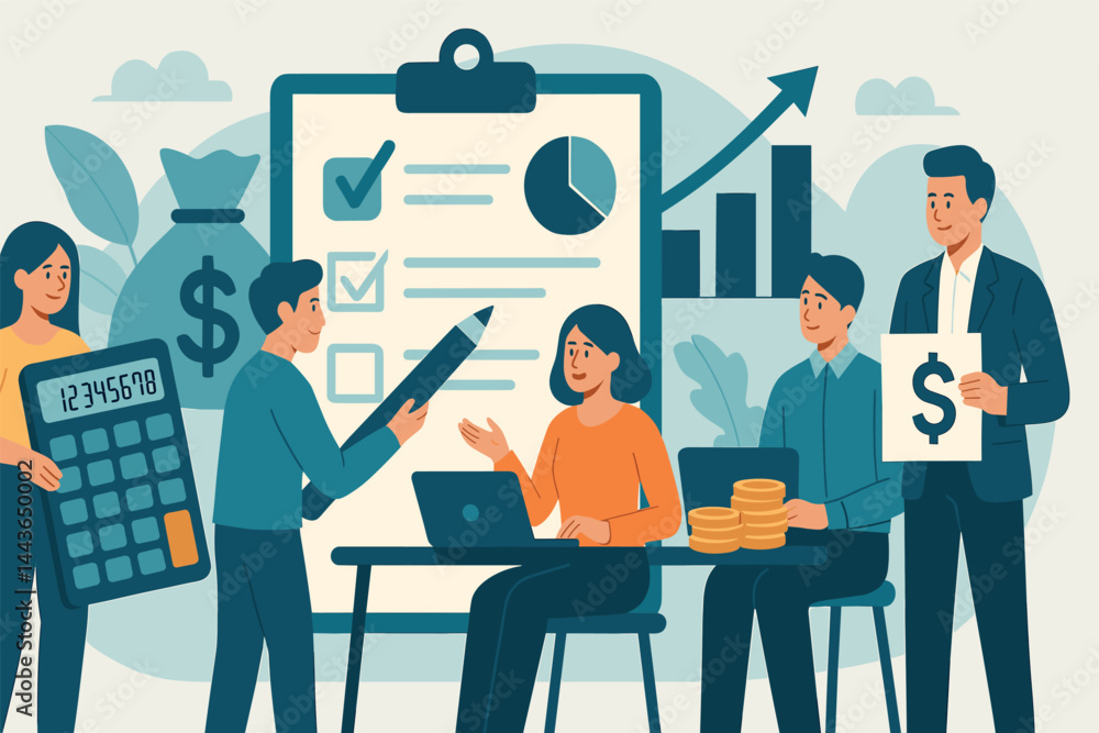 Financial planning and budgeting. Vector illustration of team calculating expenses and income. Great for banking, accounting, and corporate finance visuals. Financial planning and budgeting. Vector illustration of team calculating expenses and income. Great for banking, accounting, and corporate finance visuals.
