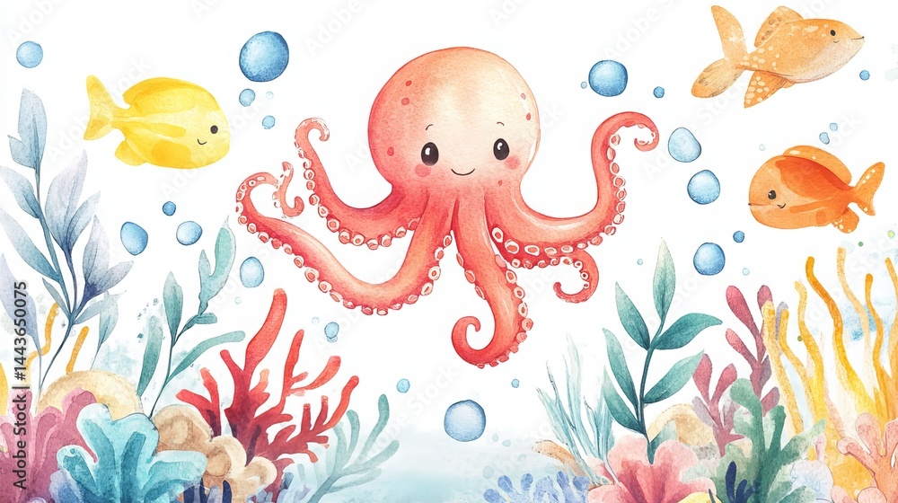 Fototapeta premium A charming underwater scene! Hand-painted watercolor artwork features an adorable octopus among other sea creatures and plants. Perfect for children's celebrations or sea-themed projects