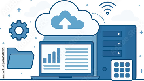 Cloud computing and digital storage. Vector illustration of data management and virtual workspace. Suitable for tech businesses and SaaS companies.