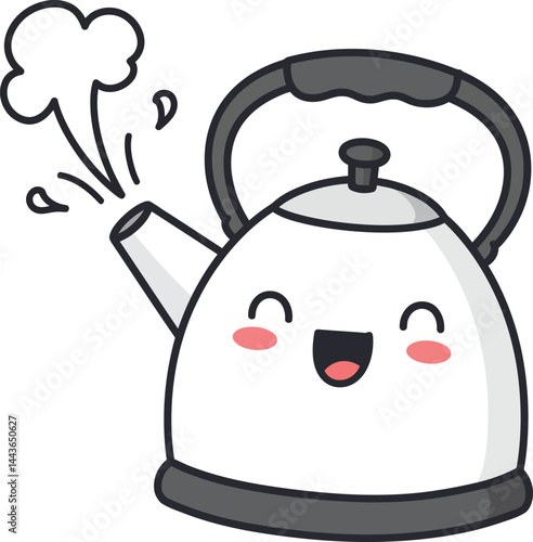 Cute happy kettle whistling with steam coming out cartoon vector illustration 