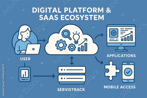 Digital platform and SaaS ecosystem. Vector illustration of service architecture and user experience. Ideal for tech startups and digital transformation visuals.