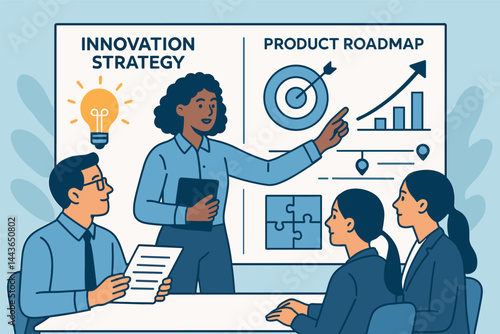 Innovation strategy and product roadmap. Vector illustration of team aligning on future goals. Great for tech planning and development visuals.