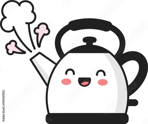 Kettle Whistling with Happy Face Steaming Hot Water Kitchen Appliance Illustration Vector Graphic 