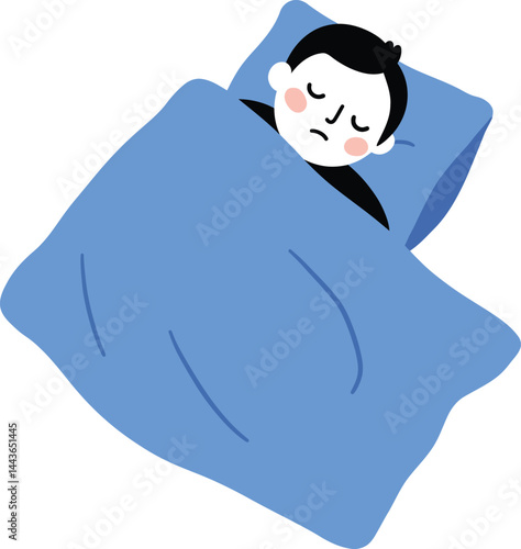 Sick person sleeping in bed with blue blanket feeling unwell and tired vector illustration 