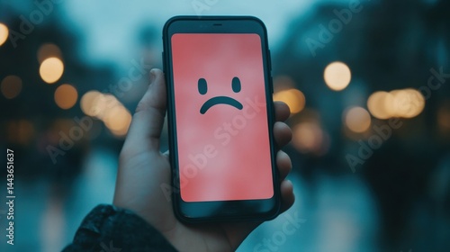Close-up of a hand holding a smartphone displaying a sad face — concept of cyberbullying and online harassment