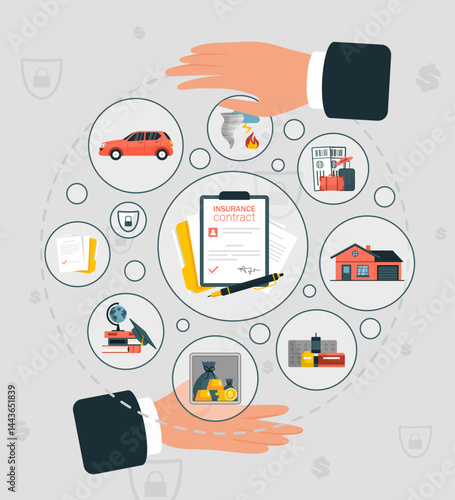 25.04.25_07Insurance services composition covered by hands. Contract policy with icon of house, car, health, travel, money, documents, disaster and education. Concept of protection, security. Vector i