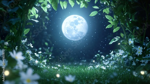 Moonlit garden with lush foliage and daisies under a starry night sky