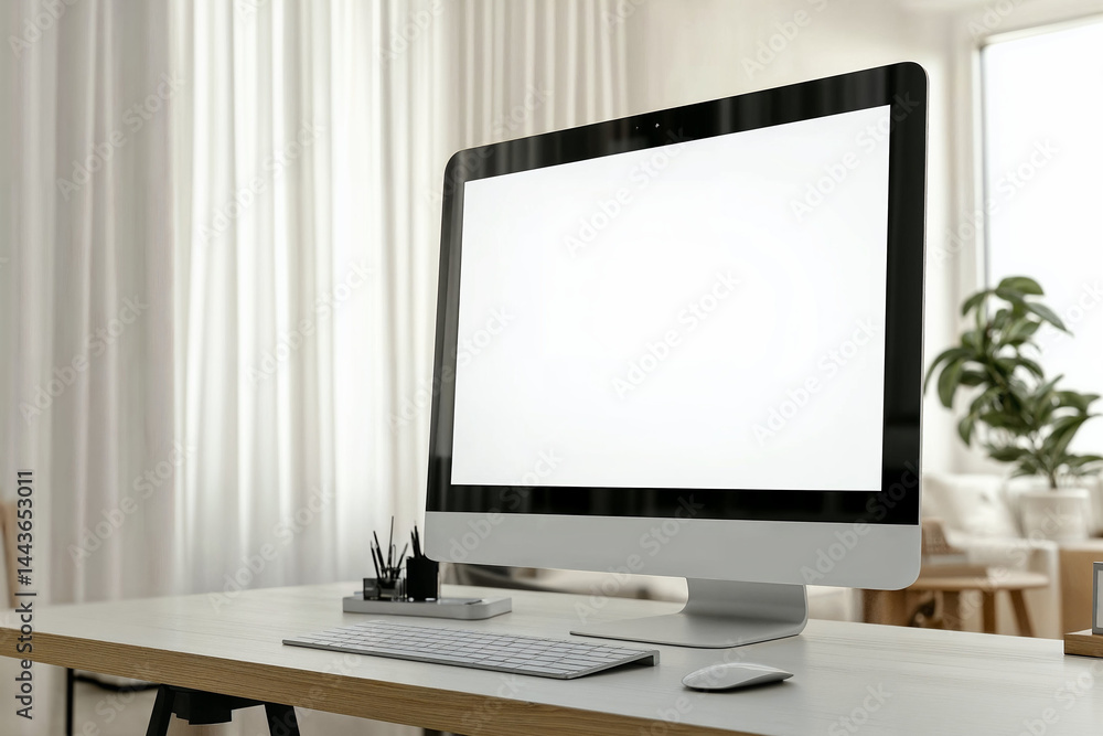 Fototapeta premium Large monitor with blank screen isolated on a clean desk in a bright, modern home office. Ideal for presentations, workspace design, or technology concepts.