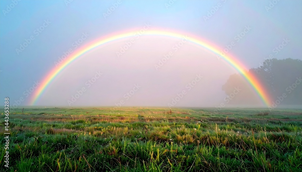 Naklejka premium Fogbow arching over dew-covered meadow at dawn