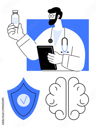 Medical professional holding a tablet and medicine bottle, shield symbolizing protection, and brain outline. Ideal for healthcare, mental health, research, technology, innovation, safety simple