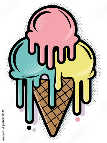 Three scoops of colorful, dripping ice cream top a waffle con
