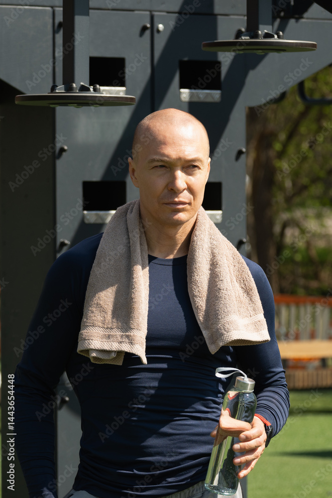Portrait of handsome athlete sports man with towel and bottle of water after training on sports ground. Outdoor workout.