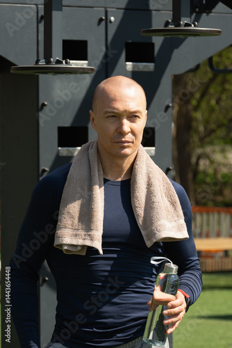 Obraz na płótnie Portrait of handsome athlete sports man with towel and bottle of water after training on sports ground. Outdoor workout. w salonie