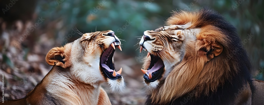 Fototapeta premium Lion and lioness roar at each other showing their teeth