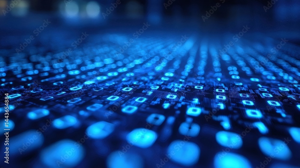 青色発光デジタルデータの抽象的な風景 コンピューターコードのパターンが広がる 背景にライトと微粒子を配置 青色発光デジタルデータの抽象的な風景 コンピューターコードのパターンが広がる 背景にライトと微粒子を配置