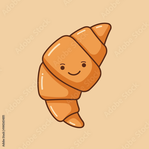 Croissant with smiling face vector illustration in simple style with beige background and shiny surface 