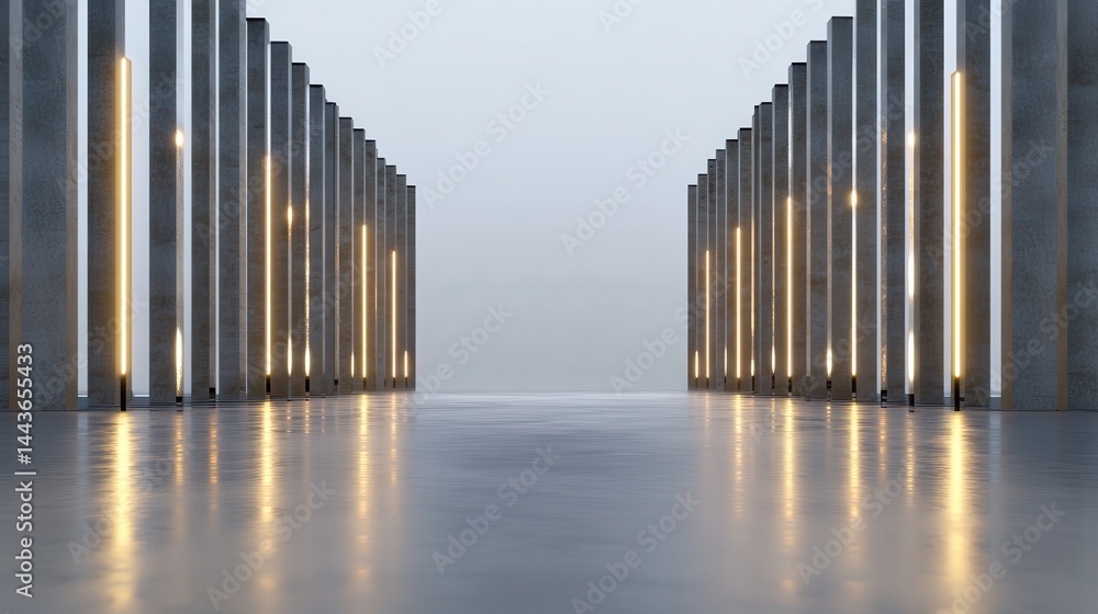 Obraz premium Illuminated Concrete Pillars Reflecting in Polished Floor Modern Minimalist Architecture Abstract Geometric Design Interior Space Empty Room Light and Shadow Play