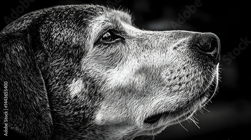 Senior dog, profile view, outdoors, dark background, pet portrait