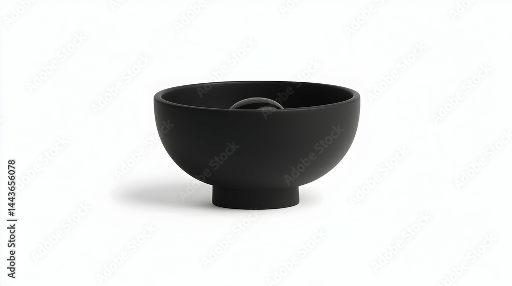 Black bowl with sphere, minimalist design, white background, studio shot, home decor Black bowl with sphere, minimalist design, white background, studio shot, home decor