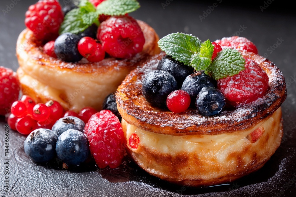 A delicious treat sits on a dark surface, showcasing fluffy pastries filled with creamy goodness. Fresh berries, including raspberries and blueberries, add vibrant color and flavor A delicious treat sits on a dark surface, showcasing fluffy pastries filled with creamy goodness. Fresh berries, including raspberries and blueberries, add vibrant color and flavor