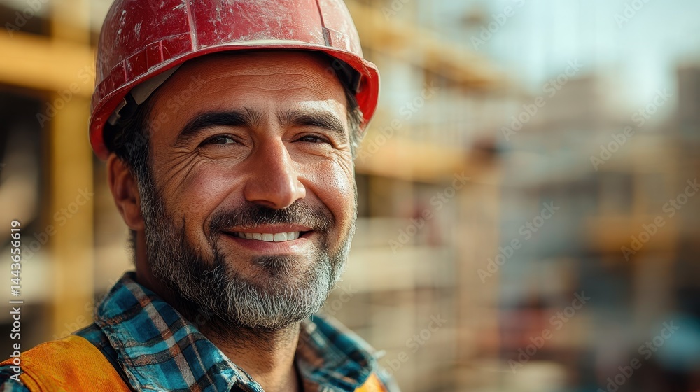 Smiling mature caucasian male construction worker with hard hat at building site Smiling mature caucasian male construction worker with hard hat at building site
