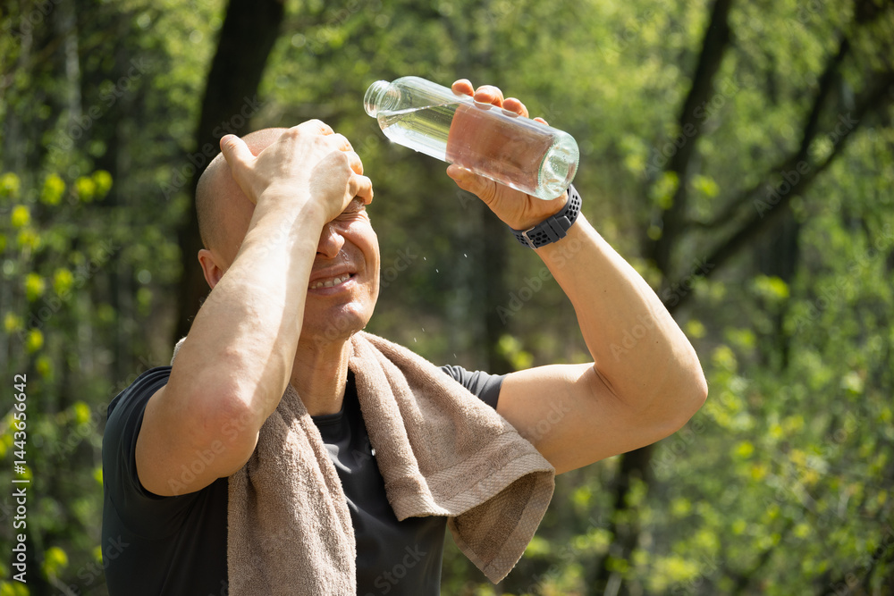 Sporty man tired and refreshing himself water from bottle in forest at summer heat after training outdoors. Water balance. Heat stroke.