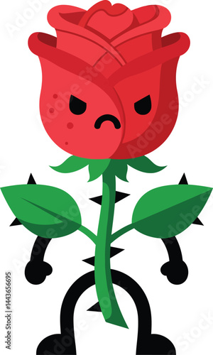 Angry red rose flower character with green leaves and black limbs vector illustration 