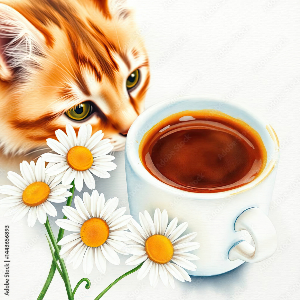 Adorable cat and herbal tea with daisies, cozy still life composition for relaxation and comfort themes