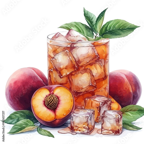 illustration of Refreshing Peach Juice With Ice Cubes, watercolor vector, isolated on a white background.